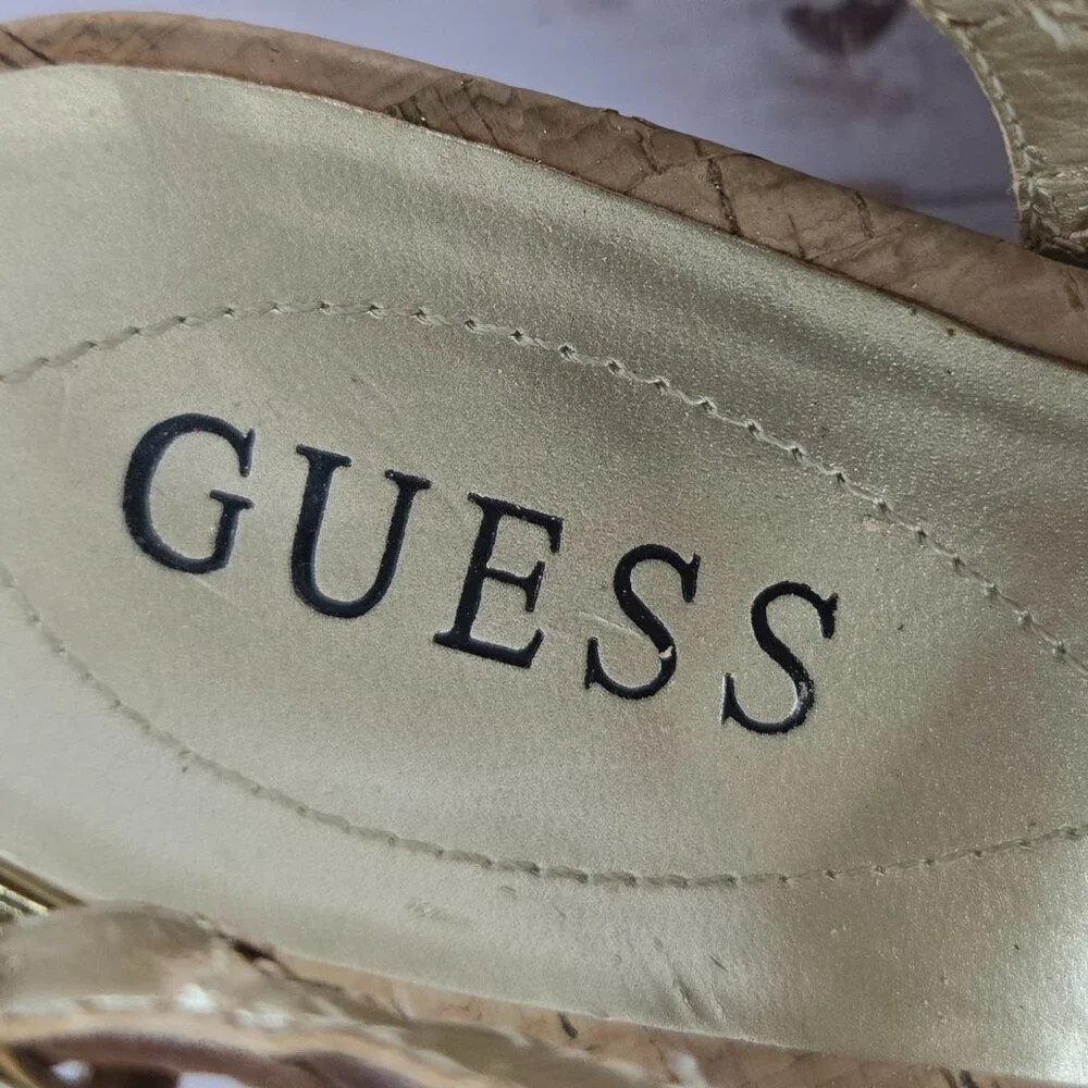 GUESS Gladiator Wedge Sandals Brown Leather Cork Women’s Size 9